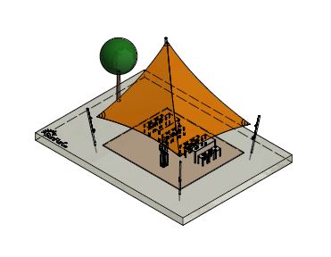 Skizze SunFurl D1 Anlage mit orangefarbenem Sonnensegel